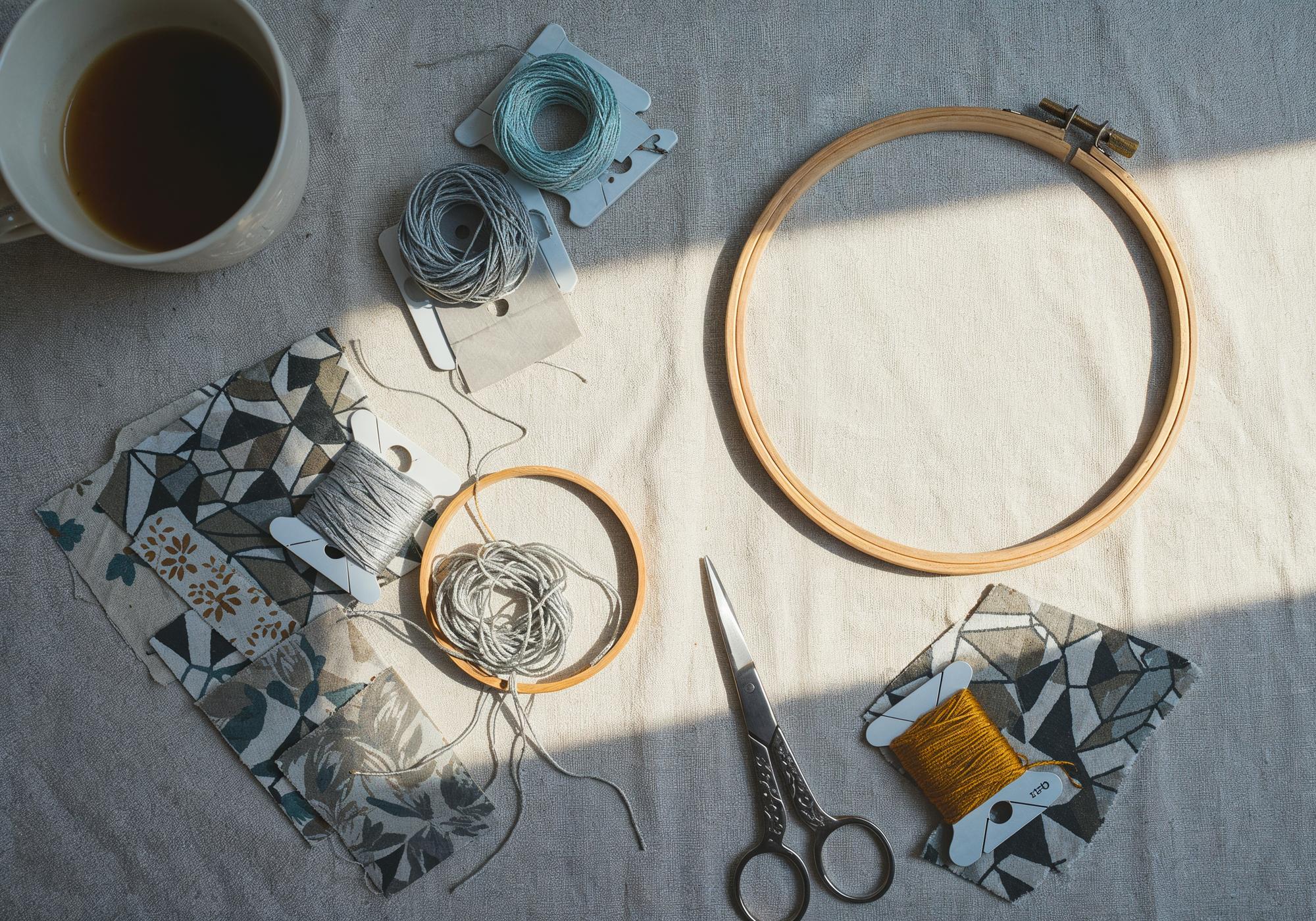 atelier table with hoops, threads and pattern sketches