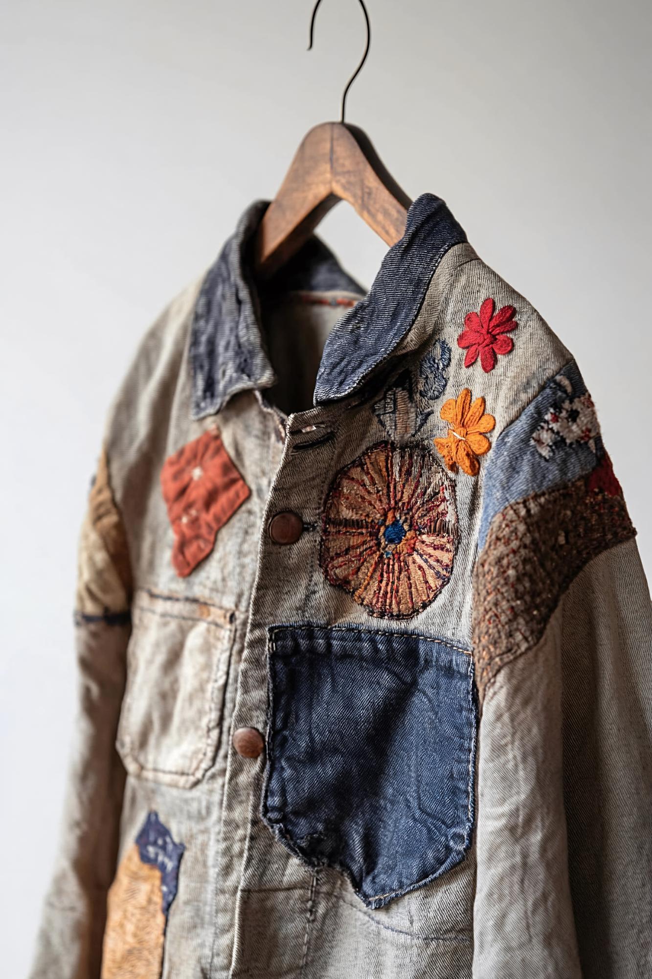 embroidered jacket on hanger near window