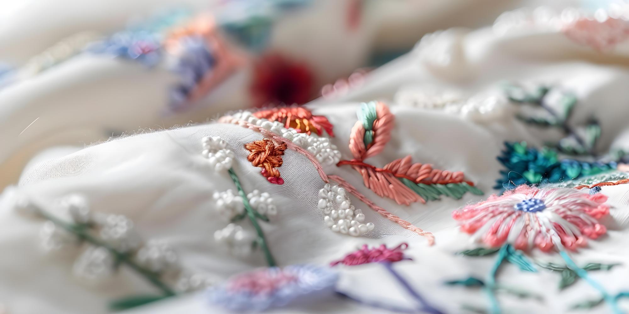 close-up of colorful floral embroidery on linen